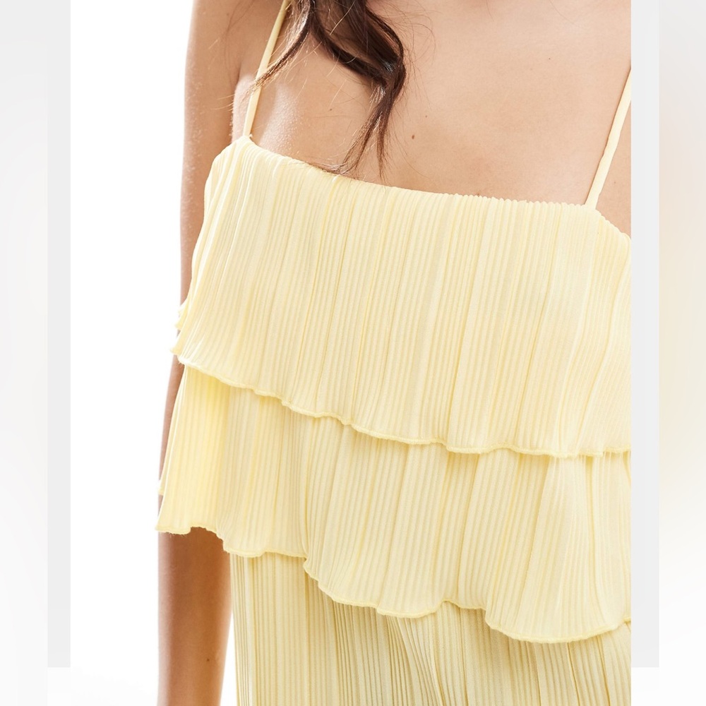 Butter Yellow Cami Dress with Tiered Ruffle Top Detail in Lemon Pieces Plisse - Picture 3 of 5